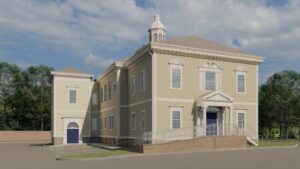 View of the proposed addition housing a new elevator and stairwell and the new north side accessibility ramp